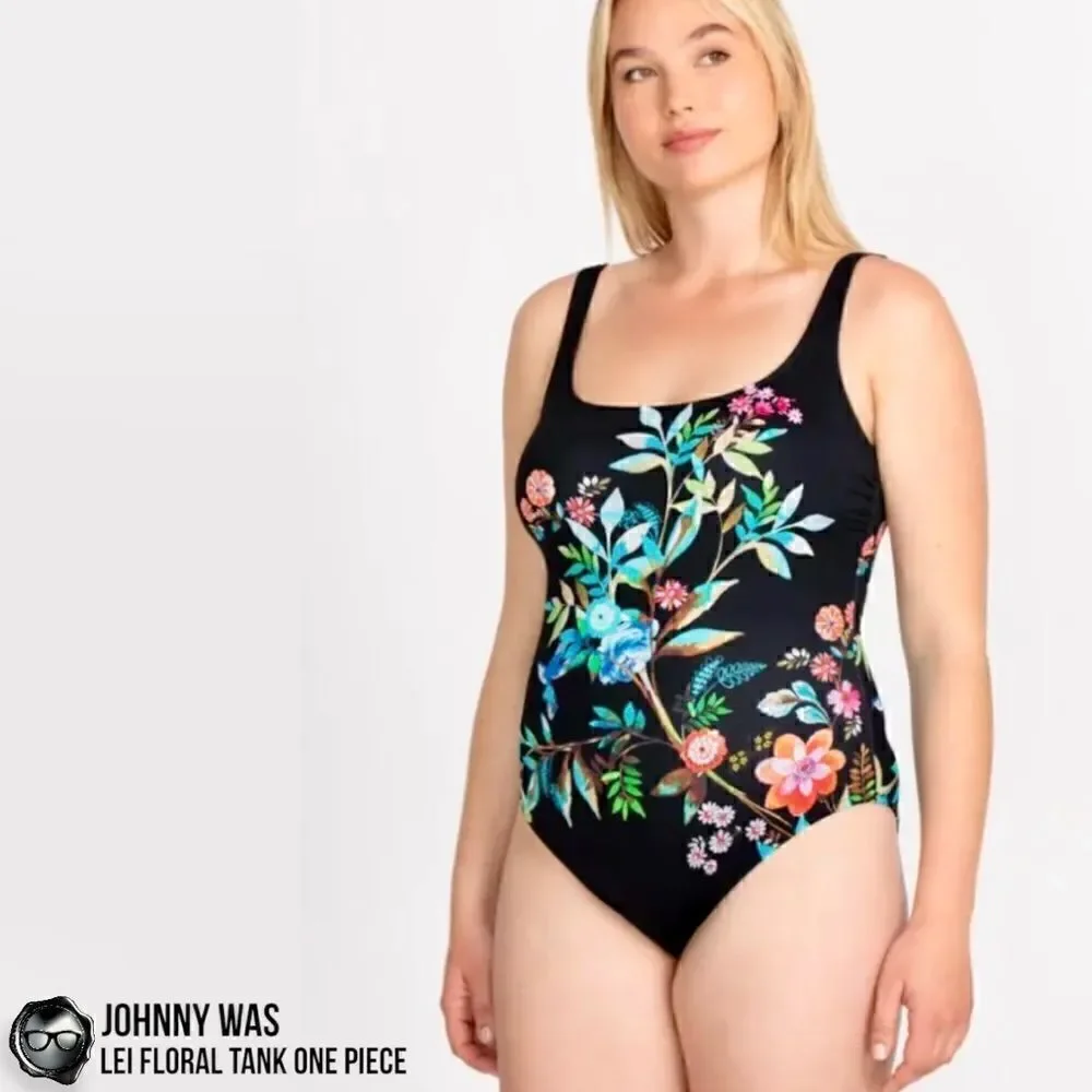 JOHNNY WAS LEI FLORAL TANK ONE PIECE PLUS SIZE 2X SWIMSUIT IN BLACK FLORAL NEW